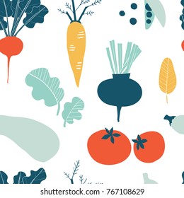 Seamless pattern with hand drawn colorful doodle vegetables. Sketch style vector set. Vegetables flat icons set: cucumber, carrot, onion, tomato. 