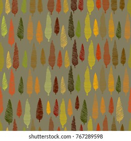 seamless pattern with hand drawn colorful trees on grey background. Trees are textured with hand made strokes