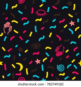 Seamless pattern with hand drawn colorful icons and lines on dark background