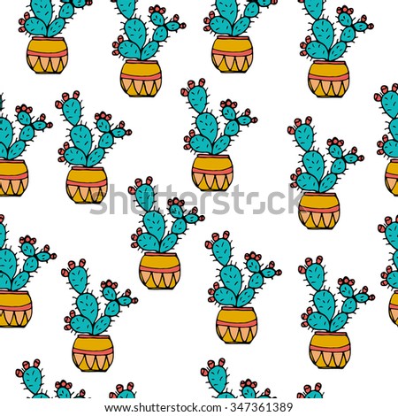 Seamless pattern with hand drawn colorful sketch of plant in pot for street or home decoration: cactus. Vector stock. funny kids style. Wrapping paper.