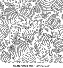 Seamless pattern. Hand drawn coloring page for kids and adults. Summer beach, sea shells, starfish, ocean. Beautiful drawing with patterns and small details. Coloring book pictures. 