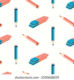 Seamless pattern of hand drawn of coloured eraser and pencils. Design for educational prints, scrapbooking, textile, home or office decor, school stationery, paper craft.