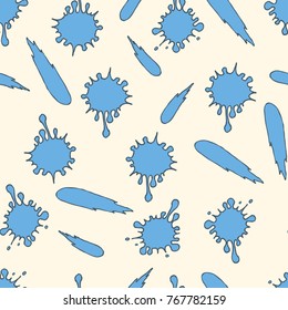 Seamless pattern of hand drawn coloured blobs, stains and brushstrokes