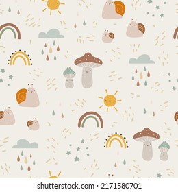 Seamless pattern with hand drawn colourful mushrooms and snail. Autumn cute digital paper. Creative childish pattern. Vector illustration.