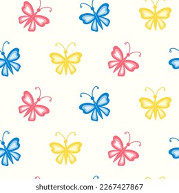  Seamless pattern of hand drawn colourful butterflies on isolated background. Design for mother's day, Easter, springtime and summertime celebration, scrapbooking, textile, home decor, paper craft.