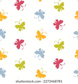 Seamless pattern of hand drawn colourful butterflies on isolated background. Design for mothers day, springtime, summertime, love and wedding celebration, scrapbooking, textile, home or nursery decor.