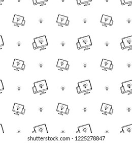 Seamless pattern hand drawn computer screen and lamp. Doodle black sketch. Sign symbol. Decoration element. Isolated on white background. Flat design. Vector illustration.
