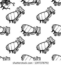 Seamless pattern hand drawn concrete mixer doodle. Sketch style icon. Decoration element. Isolated on white background. Flat design. Vector illustration.