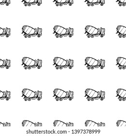 Seamless pattern hand drawn concrete mixer doodle. Sketch style icon. Decoration element. Isolated on white background. Flat design. Vector illustration.