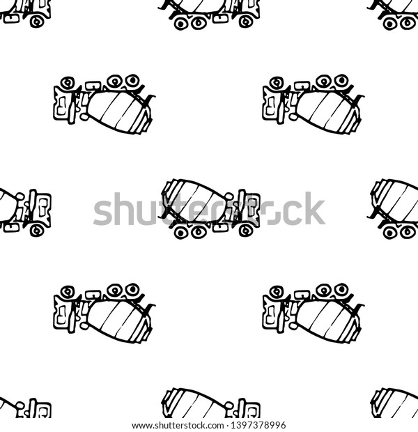 Seamless pattern hand drawn concrete\
mixer doodle. Sketch style icon. Decoration element. Isolated on\
white background. Flat design. Vector\
illustration.