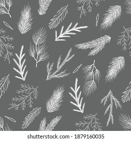 Seamless pattern with hand drawn cones, xmas tree. Christmas vector illustration.