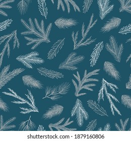 Seamless pattern with hand drawn cones, xmas tree. Christmas vector illustration.