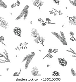 Seamless pattern with hand drawn cones,xmas tree. Christmas vector illustration.