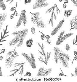 Seamless pattern with hand drawn cones,xmas tree. Christmas vector illustration.