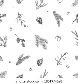 Seamless pattern with hand drawn cones,xmas tree. Christmas vector illustration.