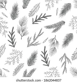 Seamless pattern with hand drawn cones,xmas tree. Christmas vector illustration.