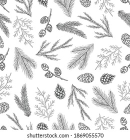 Seamless pattern with hand drawn cones,xmas tree. Christmas vector illustration.