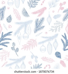 Seamless pattern with hand drawn cones,xmas tree. Christmas vector illustration.