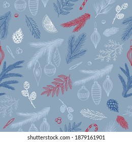 Seamless pattern with hand drawn cones,xmas tree. Christmas vector illustration.