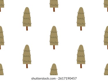 Seamless pattern with hand drawn conifer trees in doodle style. Minimal forest design with simple naive elements. Vector illustration on an isolated background.
