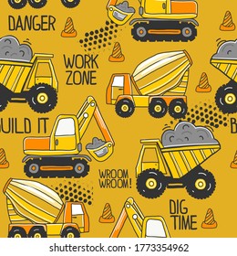 seamless pattern with Hand drawn construction machines . Kids background for  textile,  fashion, wrapping paper, graphic tees