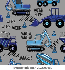 seamless pattern with Hand drawn construction machines . Kids background for textile, fashion, wrapping paper, graphic tees