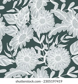 Patrón sin foco, contorno dibujado a mano dahlia flores sobre un fondo azul. Imprimir, fondo floral, textil, papel pintado, vector