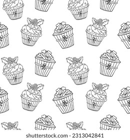 Seamless pattern, hand drawn contour cupcakes on a white background. Festive print, cafe menu background, vector