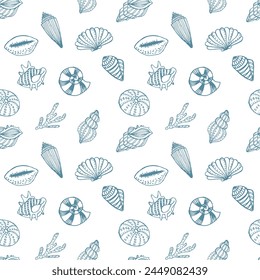 Seamless pattern, hand drawn contour seashells in pastel colors, Background, print, textile, vector
