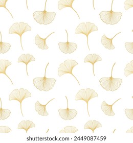 Seamless pattern, hand drawn contour leaves of ginkgo biloba in golden color, background, print, textile, vector