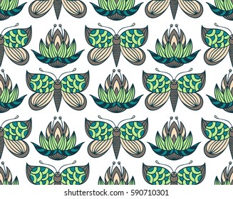 Seamless pattern with hand drawn contour flowers and butterflies in light green, pine green, beige and brown colors