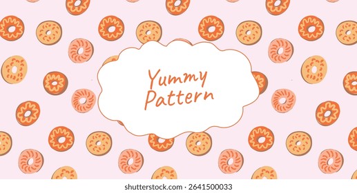 Seamless pattern with hand drawn cookies and biscuits on pastel background. Sweet dessert repeat texture for summer picnic packaging. Flat colorful vector illustration.