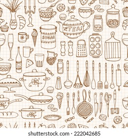 Seamless pattern with hand drawn cookware on the lined paper. Kitchen background. Retro wallpaper with doodle kitchen equipments. Vector illustration.