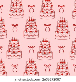 Seamless pattern with hand drawn coquette vintage cakes and ribbon bows. Vector flat doodle dessert print for Valentines day, wedding invitation, birthday card, wrapping paper and fabric.	