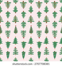 Seamless pattern with hand drawn Coquette Christmas trees decorated ribbons, bows and ornaments