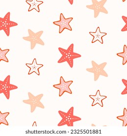 Seamless pattern of hand drawn coral starfish on isolated background. Design for summertime celebration, scrapbooking, wedding invitation, textile, home decor, nursery decoration, paper craft.  
