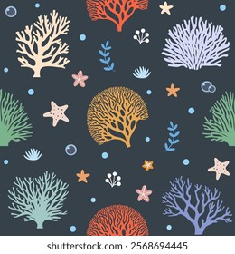 Seamless pattern with hand drawn corals of different shapes and colors. Underwater flora, sea plants. Vector botanical illustration.