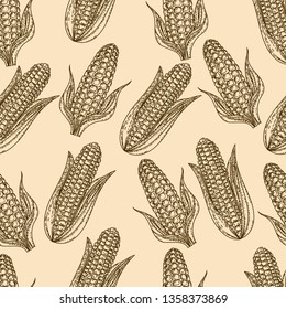 Seamless pattern of hand drawn corn in the engraving style.