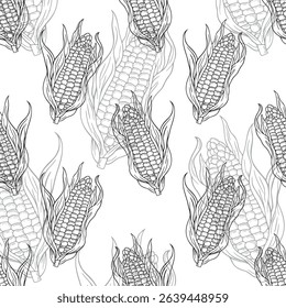 Seamless pattern of hand drawn corn isolated on white background