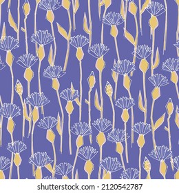 Seamless pattern with hand drawn cornflowers flowers for craft, apparel, design and other design projects. Line art, Very Perry Pantone 2022 background