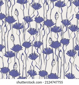 Seamless pattern with hand drawn cornflowers flowers for craft, apparel, design and other design projects. Line art, light background