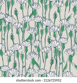 Patrón sin foco con flores de cornalles dibujadas a mano para proyectos de artesanía, ropa, diseño y otros proyectos de diseño. Arte de línea, fondo esmeralda