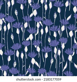Seamless pattern with hand drawn cornflowers flowers for craft, apparel, design and other design projects. Line art, light background