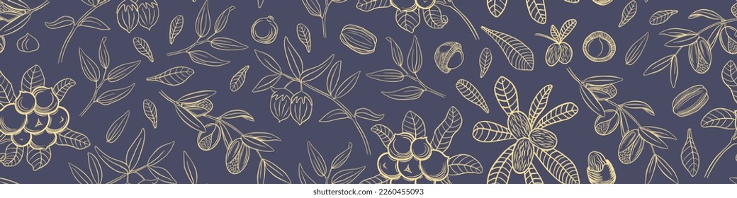 Seamless pattern with hand drawn cosmetic plants. Jojoba leaves and nuts. Macadamia branch. Argan and shea vector illustration. svg
