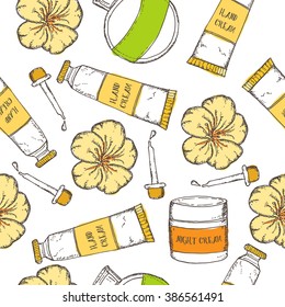 Seamless pattern with hand drawn cosmetic set with separate objects on white background: flower, hand cream, night cream, perfume. Vector illustration.