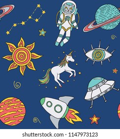 Seamless pattern with hand drawn cosmic icons. Sketched cute design elements for kids with planets, unicorn, stars etc. Color vector illustration on blue background