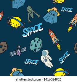 Seamless pattern with hand drawn cosmic elements.Space doodle illustration.