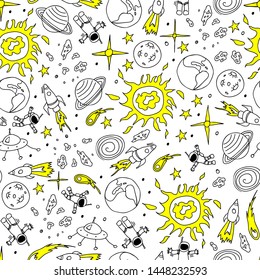 Seamless pattern with hand drawn cosmic objects. Doodle vector illustration. Black cartoon drawings on white background with yellow parts.