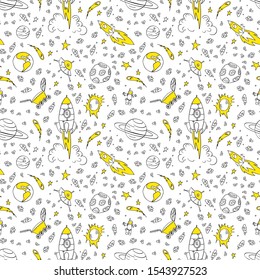 Seamless pattern with hand drawn cosmic elements. Black doodles with yellow details on white background. Vector illustartion.