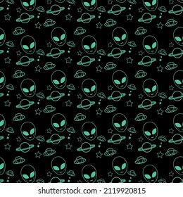 Seamless pattern with hand drawn cosmos ufo alien spaceships. Trendy kids vector background